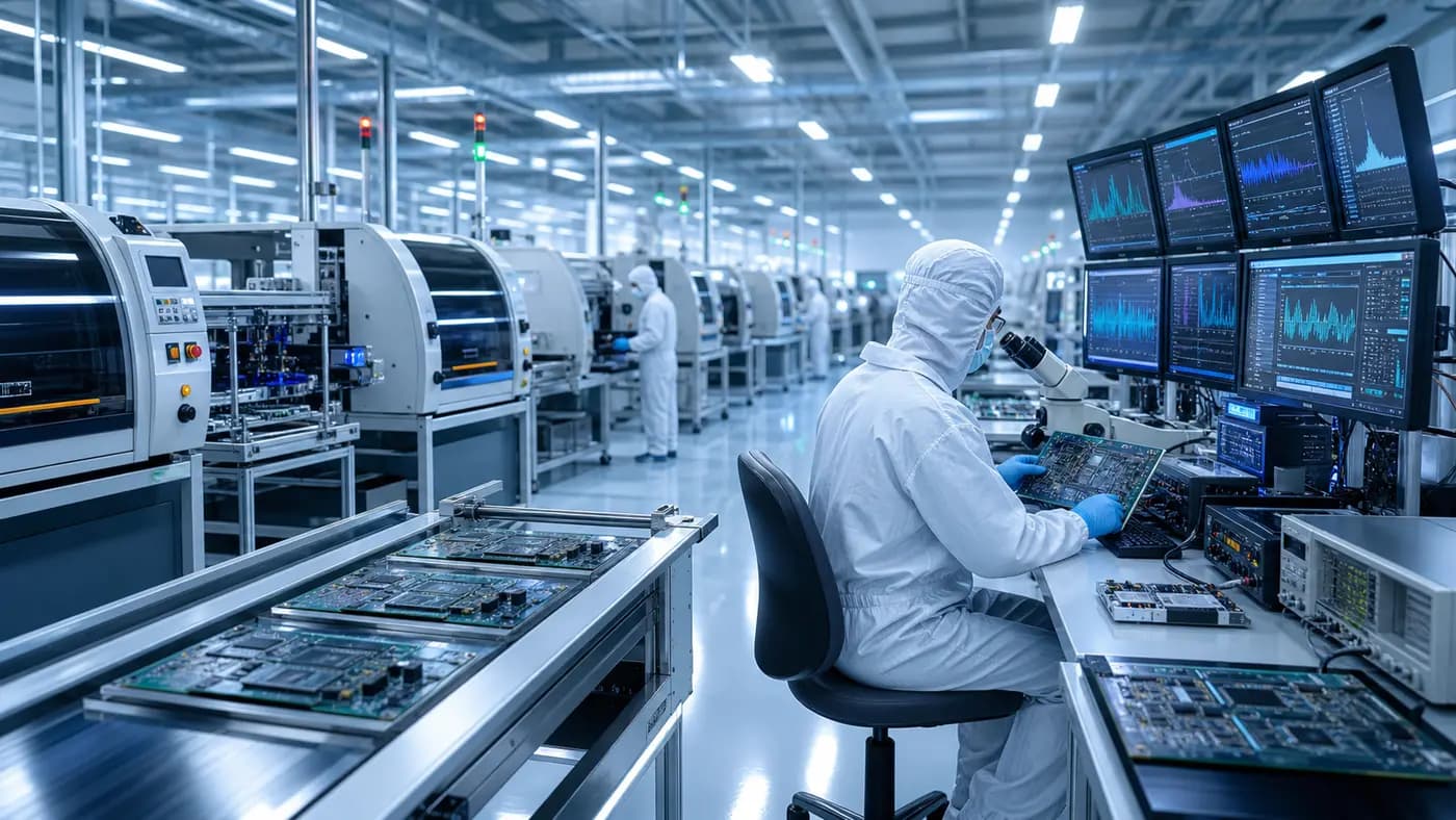 Illustrative partner SMT assembly line — cleanroom inspection of PCB boards