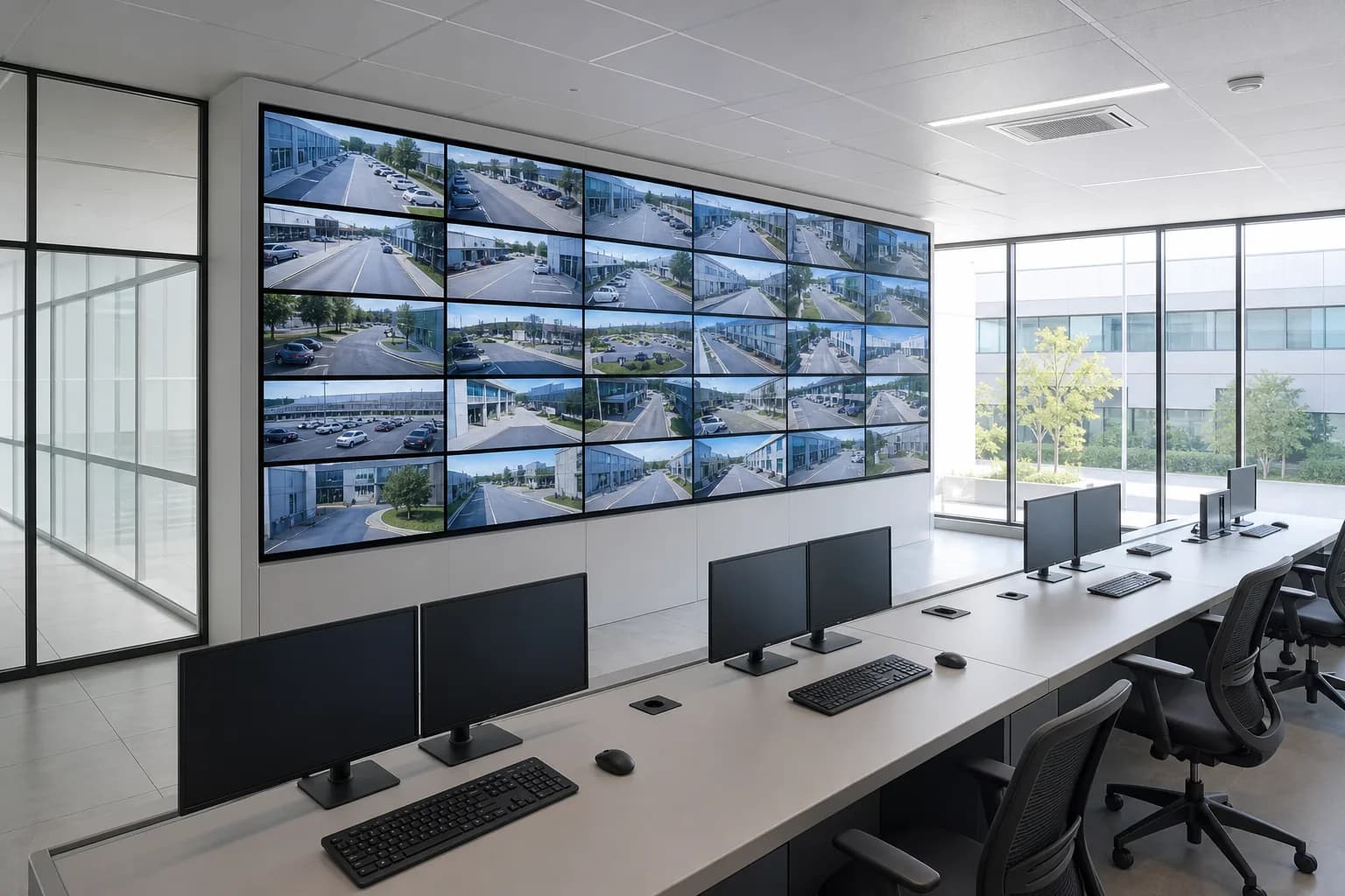 Typical surveillance video wall configuration — illustrative scene